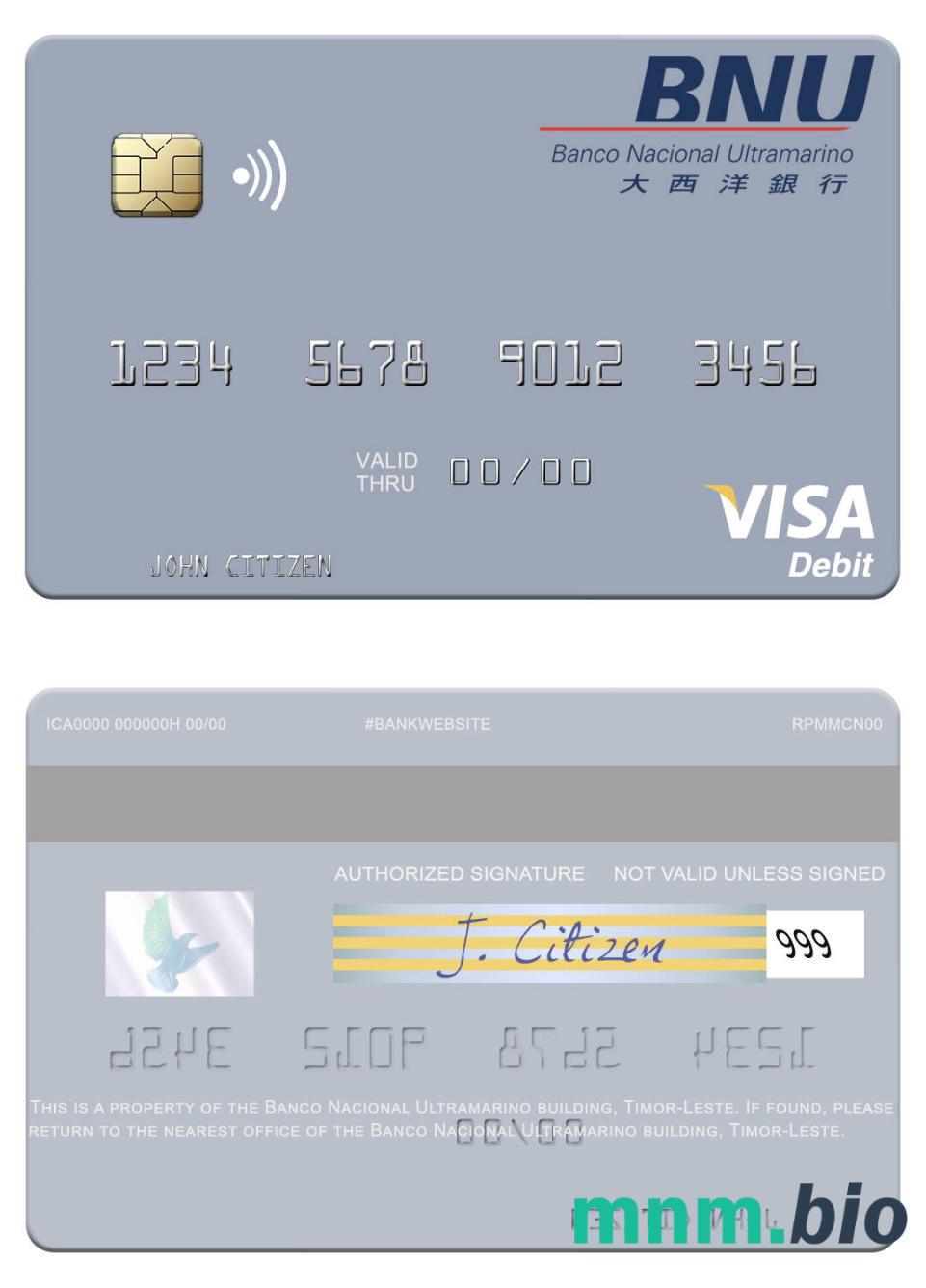 Timor-Leste Banco Nacional Ultramarino building visa debet karta przykład w formacie PSD